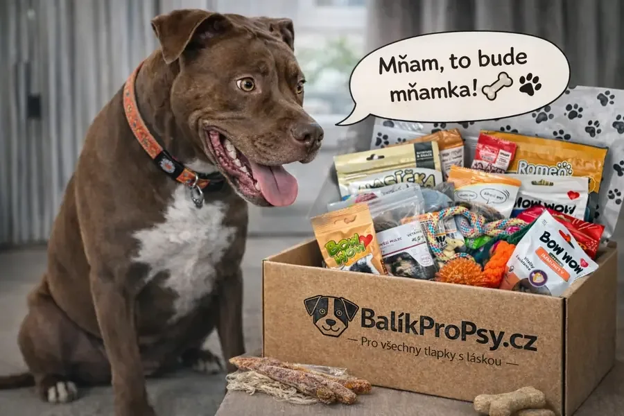 Pes sedí u otevřeného balíku BalíkProPsy.cz plného pamlsků a hraček